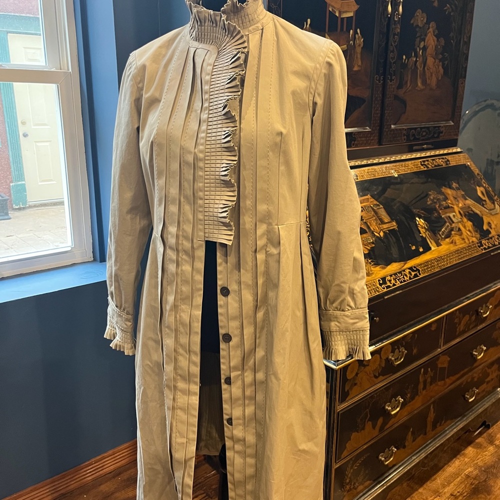 Darling Ruffled Front Long Trench Coat in Light Beige. Size 6. Twenty8twelve.